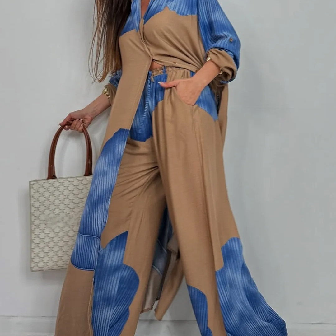 Conjunto de dos piezas para mujer: túnica larga abotonada y pantalón ancho y fluido.