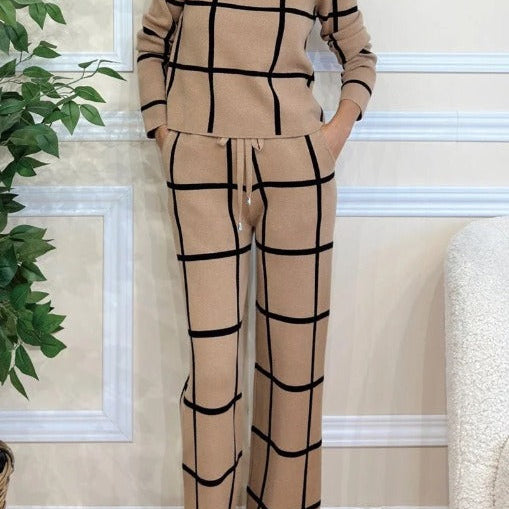 Conjunto de dos piezas para mujer – Tejido suave – Corte holgado – Estampado de cuadros