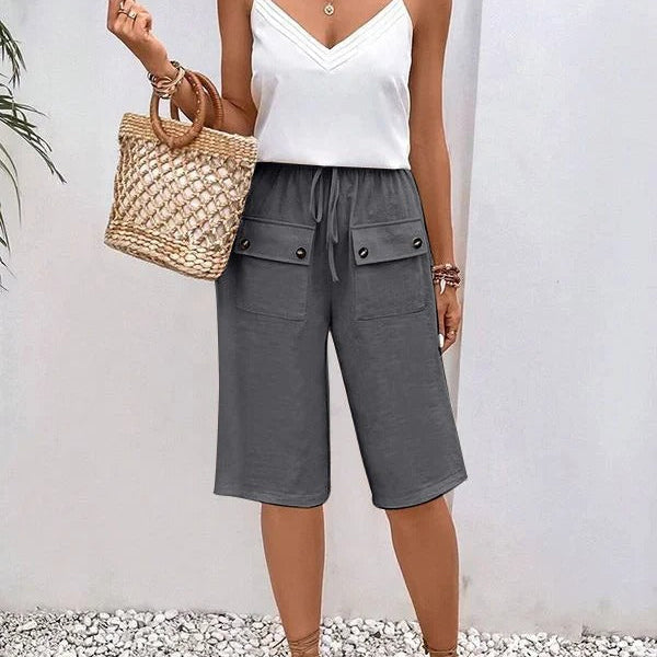 Pantalones de mujer – Corte holgado – Largo hasta la rodilla – Cintura con cordón – Tejido transpirable