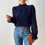 Top de manga larga para mujer – Corte estructurado – Cuello alto – Mangas transparentes con estampado de chevrones