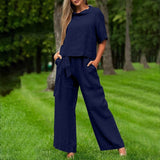 Conjunto de dos piezas para mujer: Top corto de manga corta, pantalón ancho de cintura alta, tejido de algodón.