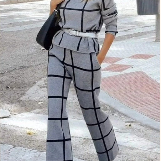 Conjunto de dos piezas para mujer – Tejido suave – Corte holgado – Estampado de cuadros