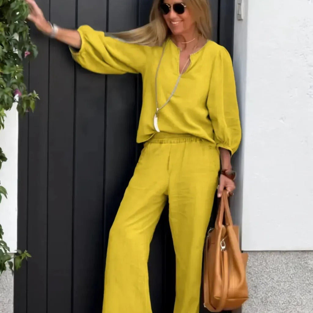 Conjunto de top y pantalón para mujer – Lino y algodón – Cuello en V – Mangas 3/4 – Corte holgado