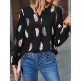 Camiseta de manga larga para mujer – Corte holgado – Cuello en V – Estampado ligero de plumas