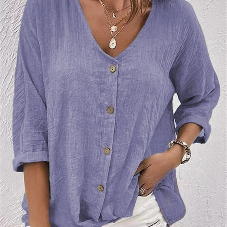 Blusa de mujer – Corte relajado – Algodón ligero – Mangas cortas – Cuello en V – Estilo casual