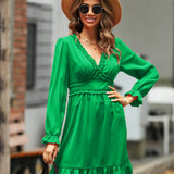 Vestido evasé para mujer – Escote con volantes – Cintura alta – Mangas largas elegantes