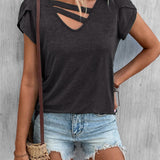 Camiseta de mujer con cuello en V – Punto suave – Corte holgado – Mangas cortas – Detalle cruzado