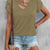 Camiseta de mujer con cuello en V – Punto suave – Corte holgado – Mangas cortas – Detalle cruzado