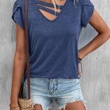 Camiseta de mujer con cuello en V – Punto suave – Corte holgado – Mangas cortas – Detalle cruzado