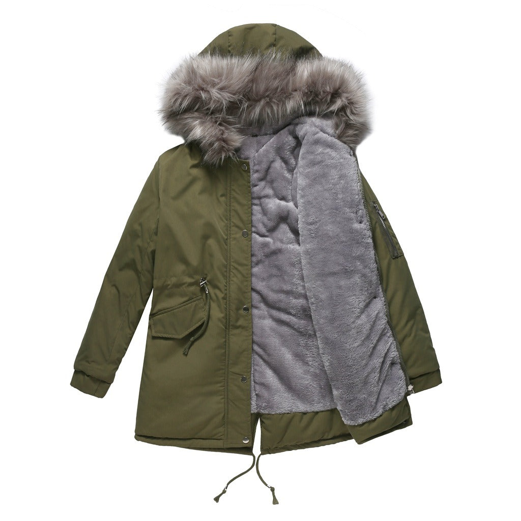 Parka para mujer – Corte holgado – Forro polar – Capucha de piel sintética – Largo medio