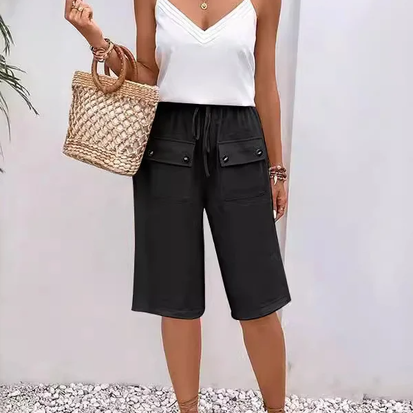 Pantalones de mujer – Corte holgado – Largo hasta la rodilla – Cintura con cordón – Tejido transpirable