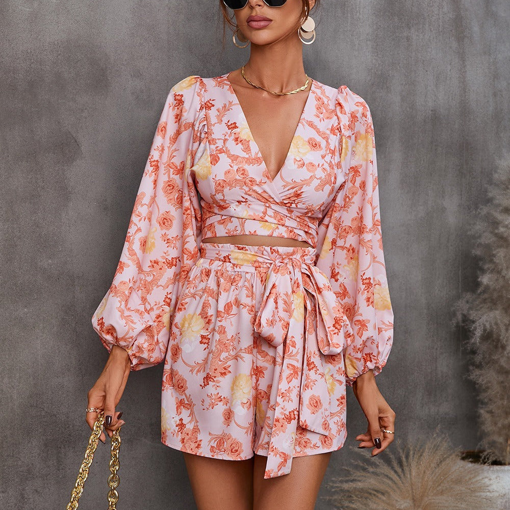 Mono de mujer – Cuello en V – Manga larga – Cintura con lazo – Estampado floral de cadena