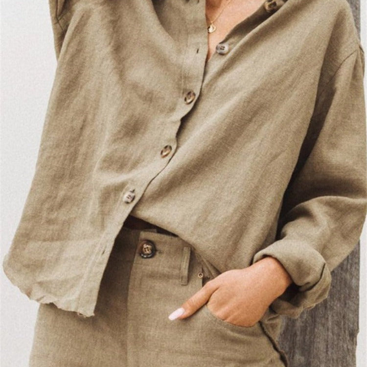 Camisa de mujer – Corte relajado – Lino de algodón – Mangas largas – Cuello clásico abotonado