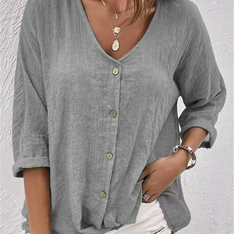 Blusa de mujer – Corte relajado – Algodón ligero – Mangas cortas – Cuello en V – Estilo casual