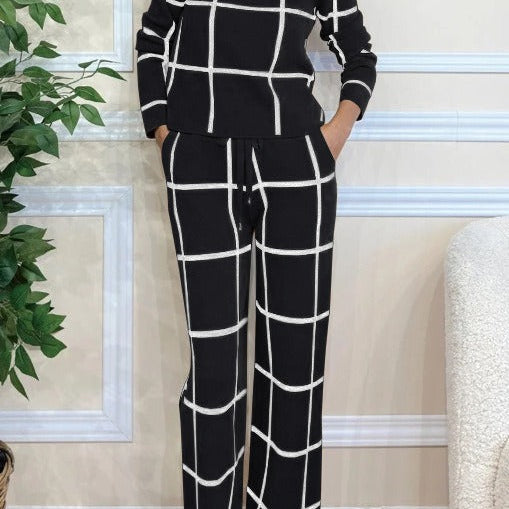 Conjunto de dos piezas para mujer – Tejido suave – Corte holgado – Estampado de cuadros