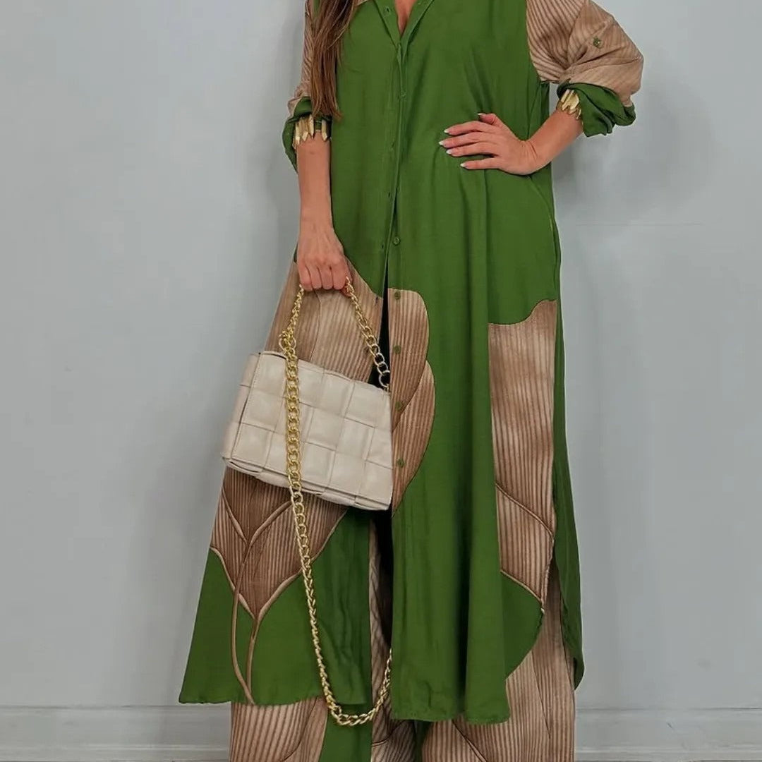 Conjunto de dos piezas para mujer: túnica larga abotonada y pantalón ancho y fluido.