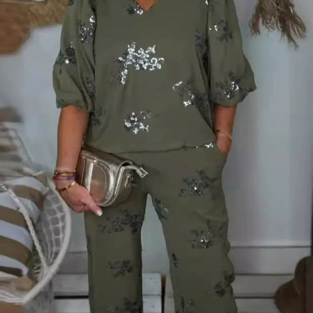 Conjunto de ropa de estar por casa para mujer – Corte holgado – Cuello en V – Mangas cortas – Detalles de lentejuelas