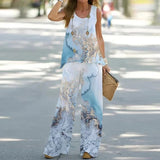 Conjunto de mujer: Top floral sin mangas, pantalón ancho, tejido transpirable, corte holgado.