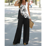 Conjunto de mujer: Top floral sin mangas, pantalón ancho, tejido transpirable, corte holgado.