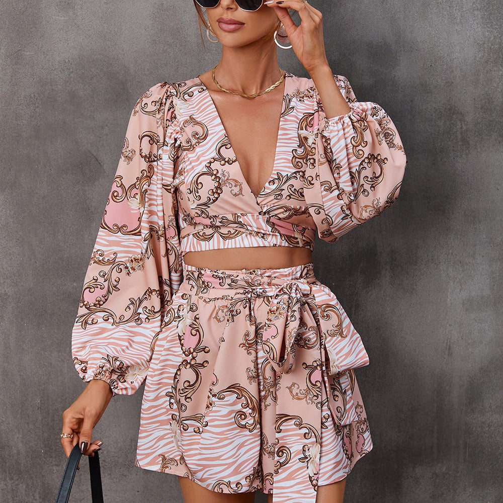 Mono de mujer – Cuello en V – Manga larga – Cintura con lazo – Estampado floral de cadena