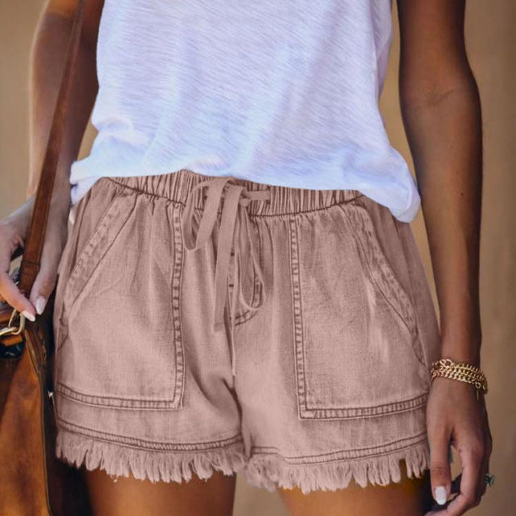 Shorts vaqueros para mujer – Corte holgado – Cintura elástica con cordón – Dobladillo deshilachado
