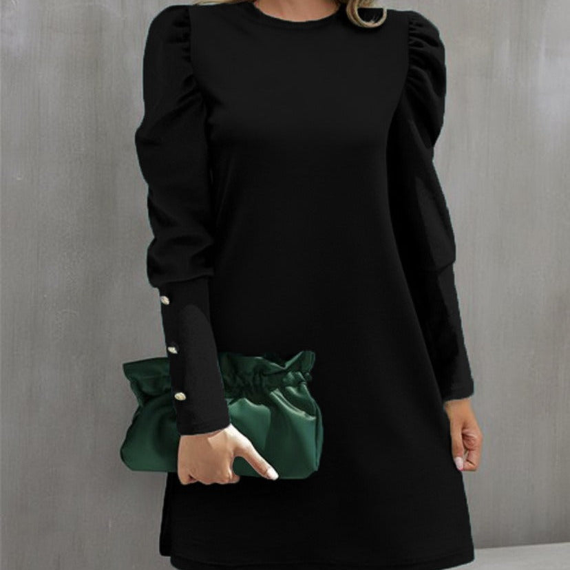Vestido de manga larga para mujer – Corte holgado – Mangas abullonadas – Cuello redondo