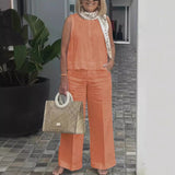 Conjunto de camiseta y pantalón para mujer – Corte holgado – Lino y algodón – Pierna ancha