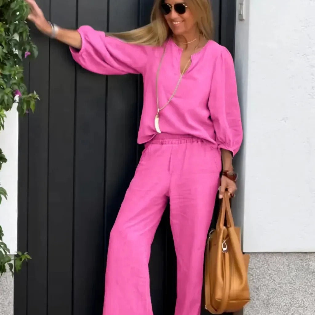 Conjunto de top y pantalón para mujer – Lino y algodón – Cuello en V – Mangas 3/4 – Corte holgado