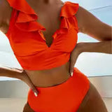 Bikini para mujer – Top con volantes y escote en V – Cintura alta – Tejido elástico transpirable