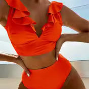 Bikini para mujer – Top con volantes y escote en V – Cintura alta – Tejido elástico transpirable