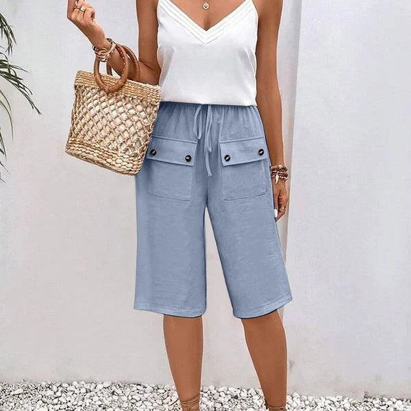 Pantalones de mujer – Corte holgado – Largo hasta la rodilla – Cintura con cordón – Tejido transpirable
