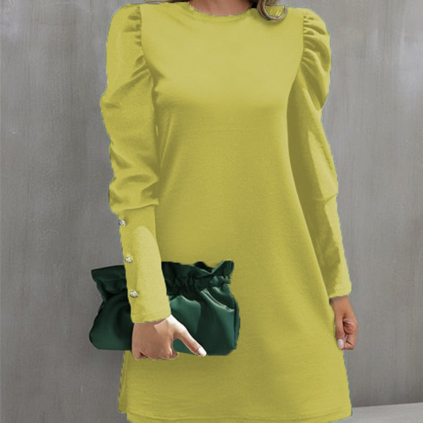 Vestido de manga larga para mujer – Corte holgado – Mangas abullonadas – Cuello redondo