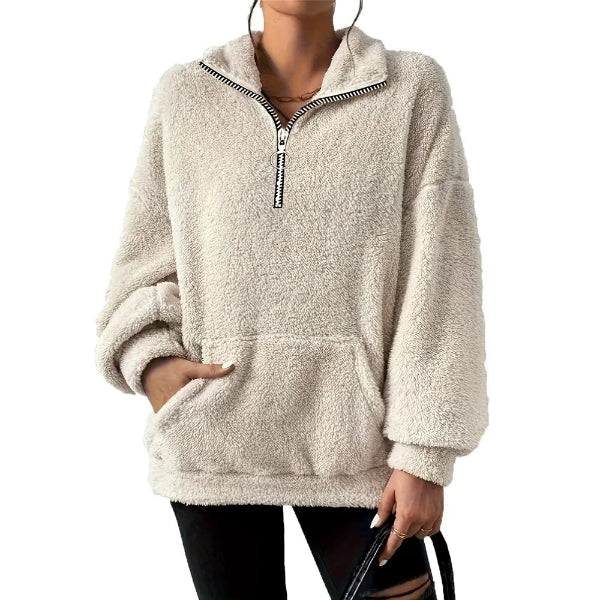 Sudadera de mujer – Corte oversize – Polar suave – Media cremallera – Cuello alto – Bolsillo tipo canguro