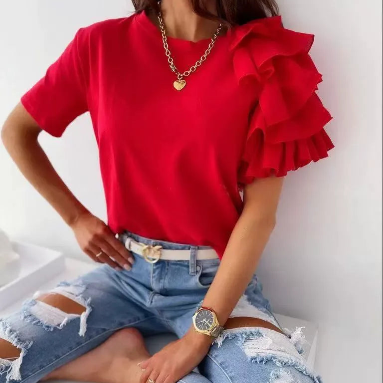 Camiseta de mujer – Algodón suave – Corte holgado – Mangas cortas – Hombros asimétricos con volantes