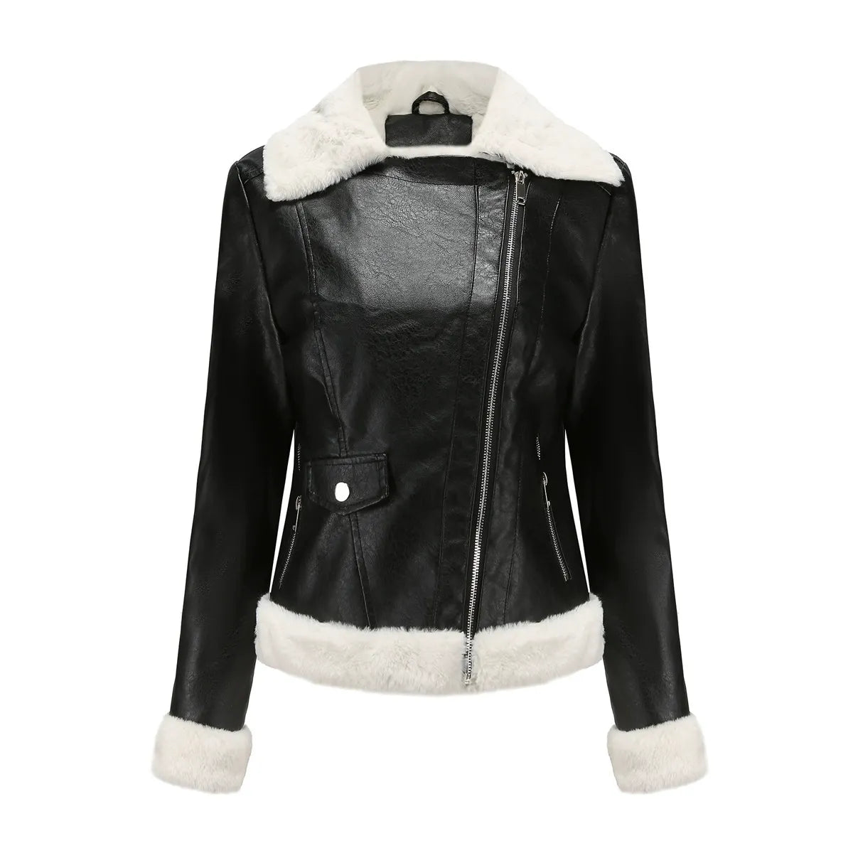 Chaqueta de mujer - Piel sintética - Cuello alto de piel - Cierre de cremallera asimétrico