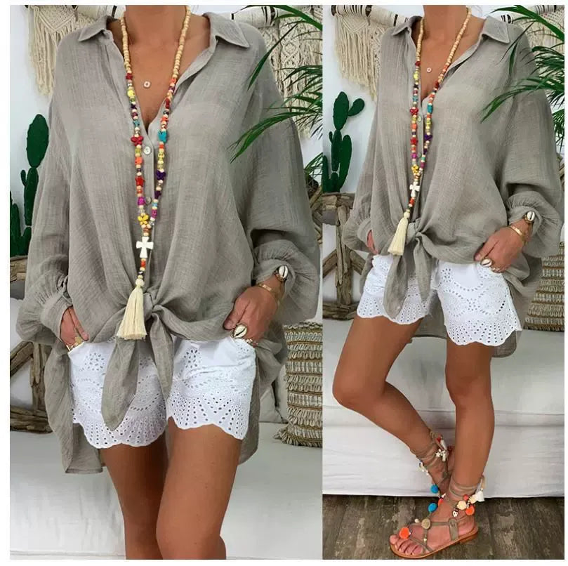 Blusa de mujer – Corte oversize – Mangas largas – Abotonada – Lino de algodón ligero
