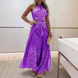 Conjunto de mujer: Top corto sin espalda y pantalón ancho con lazo en la cintura y estampado retro.