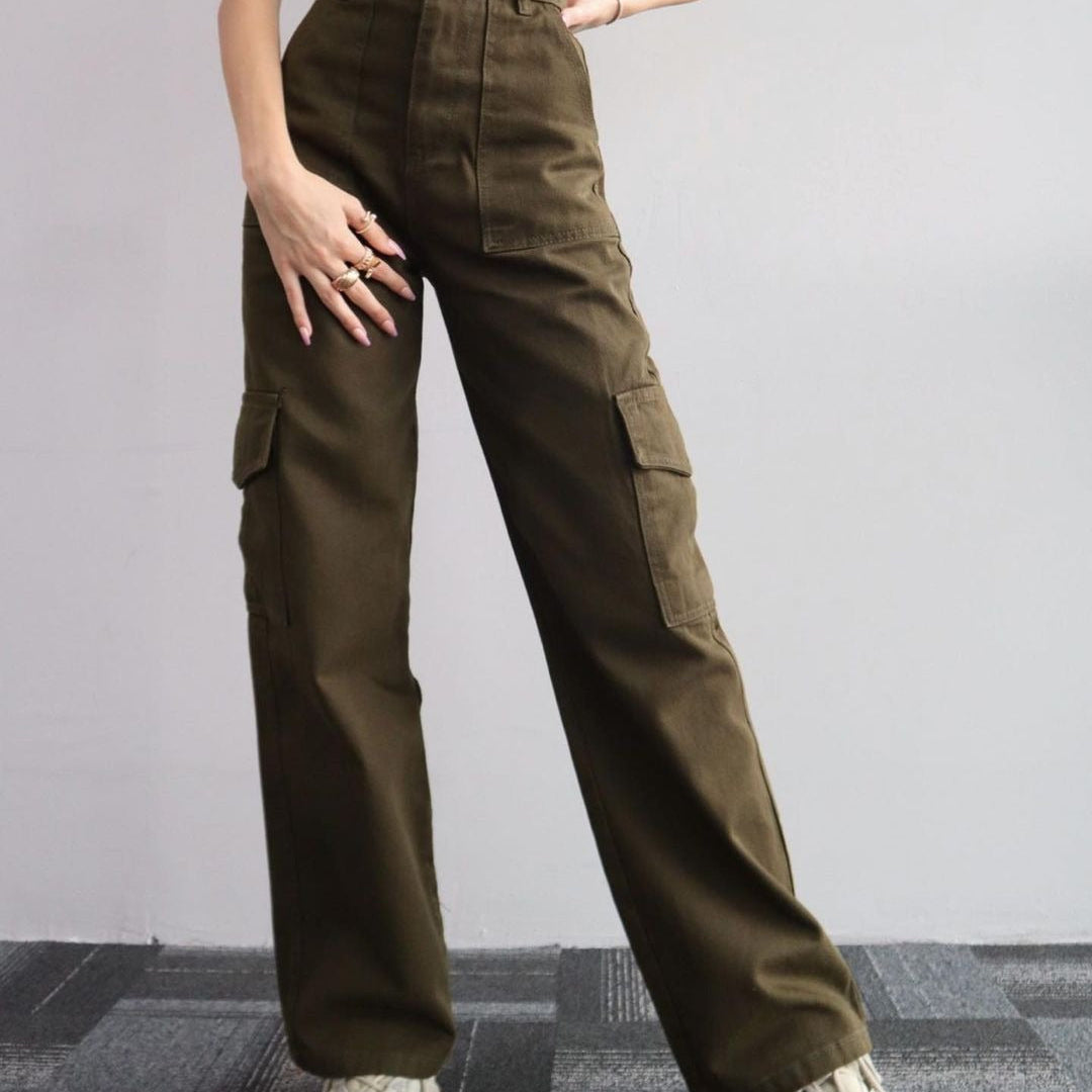 Pantalones de mujer - Algodón - Cintura alta - Corte holgado - Pierna recta - Bolsillos cargo