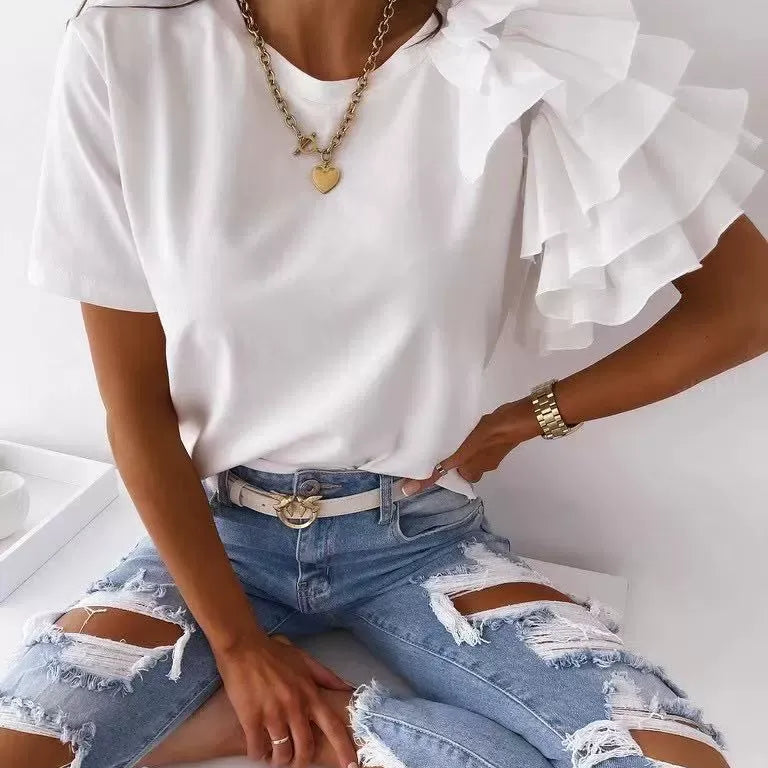 Camiseta de mujer – Algodón suave – Corte holgado – Mangas cortas – Hombros asimétricos con volantes
