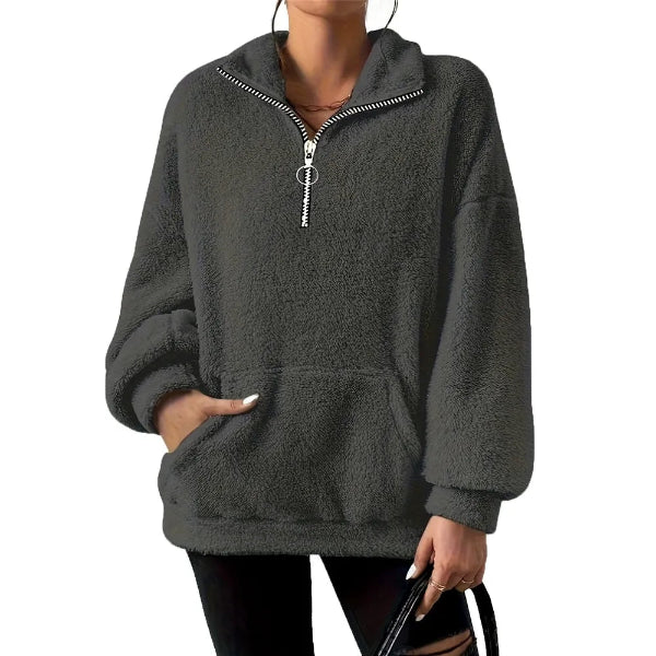 Sudadera de mujer – Corte oversize – Polar suave – Media cremallera – Cuello alto – Bolsillo tipo canguro