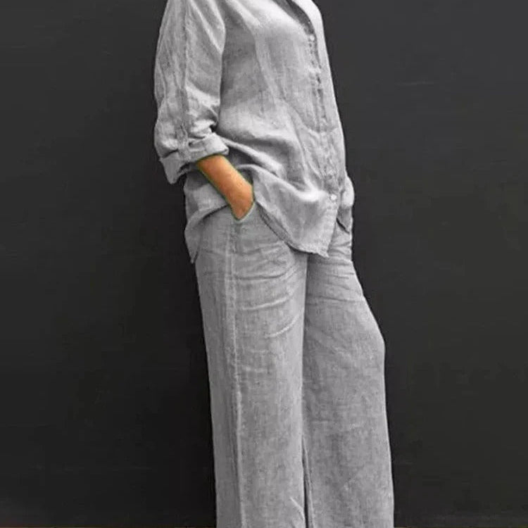 Conjunto de mujer – Lino – Corte holgado – Camisa abotonada – Pantalones anchos