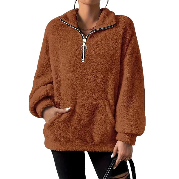 Sudadera de mujer – Corte oversize – Polar suave – Media cremallera – Cuello alto – Bolsillo tipo canguro