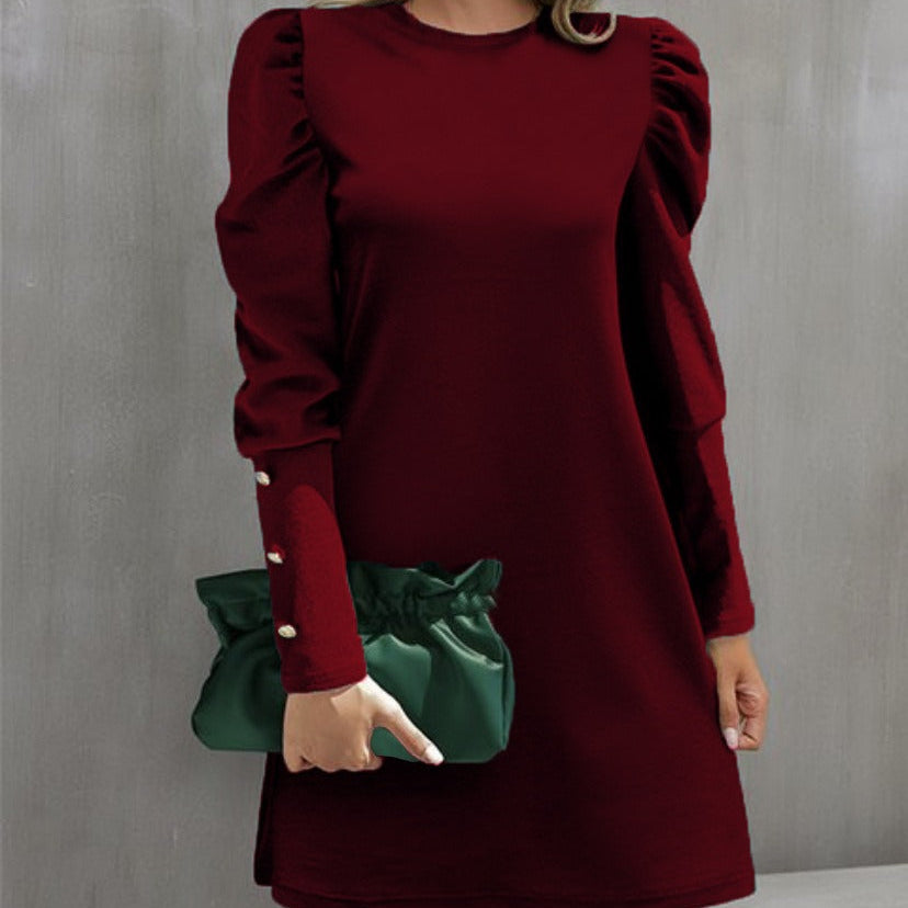 Vestido de manga larga para mujer – Corte holgado – Mangas abullonadas – Cuello redondo