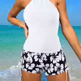 Traje de baño tankini para mujer – Espalda abierta – Pantalón corto floral con lazo frontal – Tejido transpirable