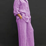 Conjunto de mujer – Lino – Corte holgado – Camisa abotonada – Pantalones anchos