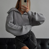 Suéter de mujer – Lana – Corte holgado – Cuello con cremallera – Ribete de canalé