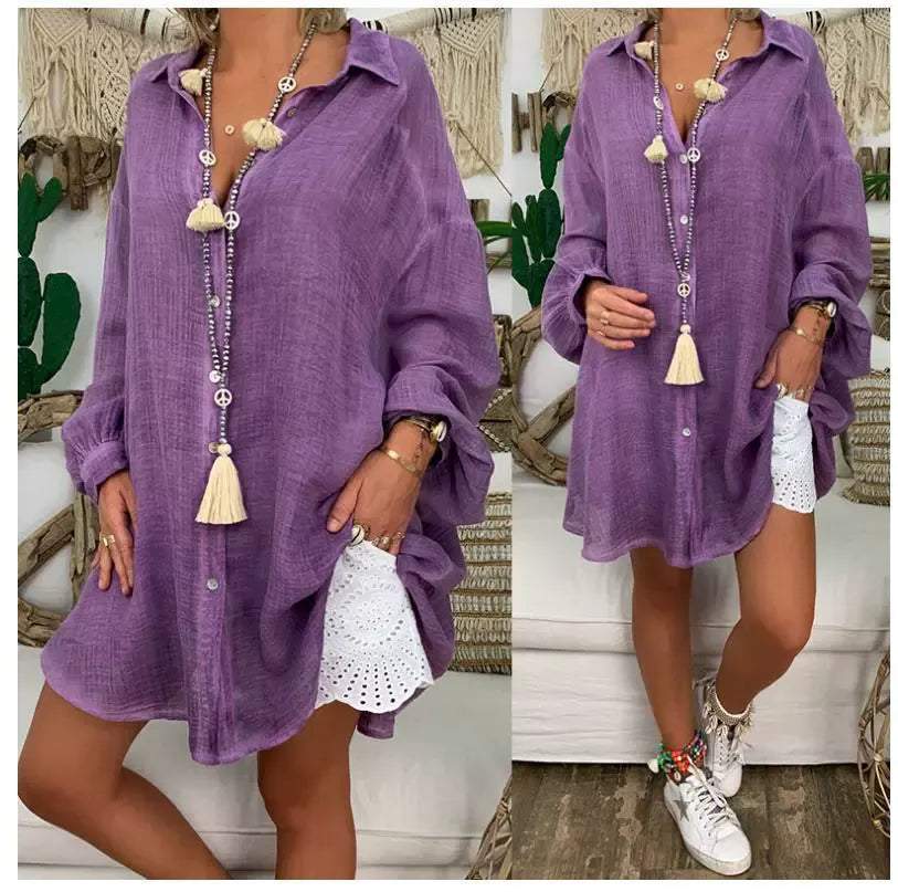 Blusa de mujer – Corte oversize – Mangas largas – Abotonada – Lino de algodón ligero