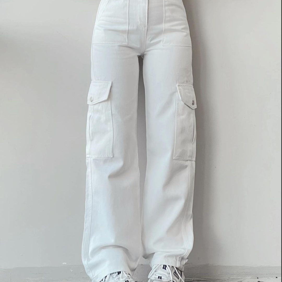 Pantalones de mujer - Algodón - Cintura alta - Corte holgado - Pierna recta - Bolsillos cargo
