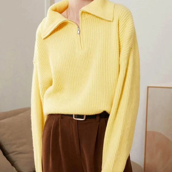 Suéter de mujer – Lana – Corte holgado – Cuello con cremallera – Ribete de canalé