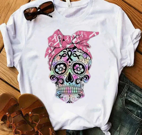 Camiseta de mujer – Corte holgado – Algodón suave – Manga corta – Estampado de calavera